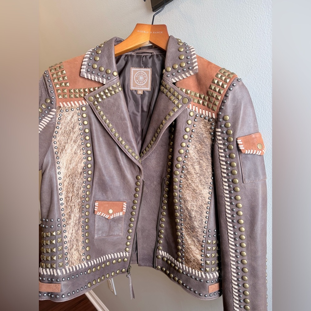 Double D Ranch Studded Leather Jacket in Gray and Tan